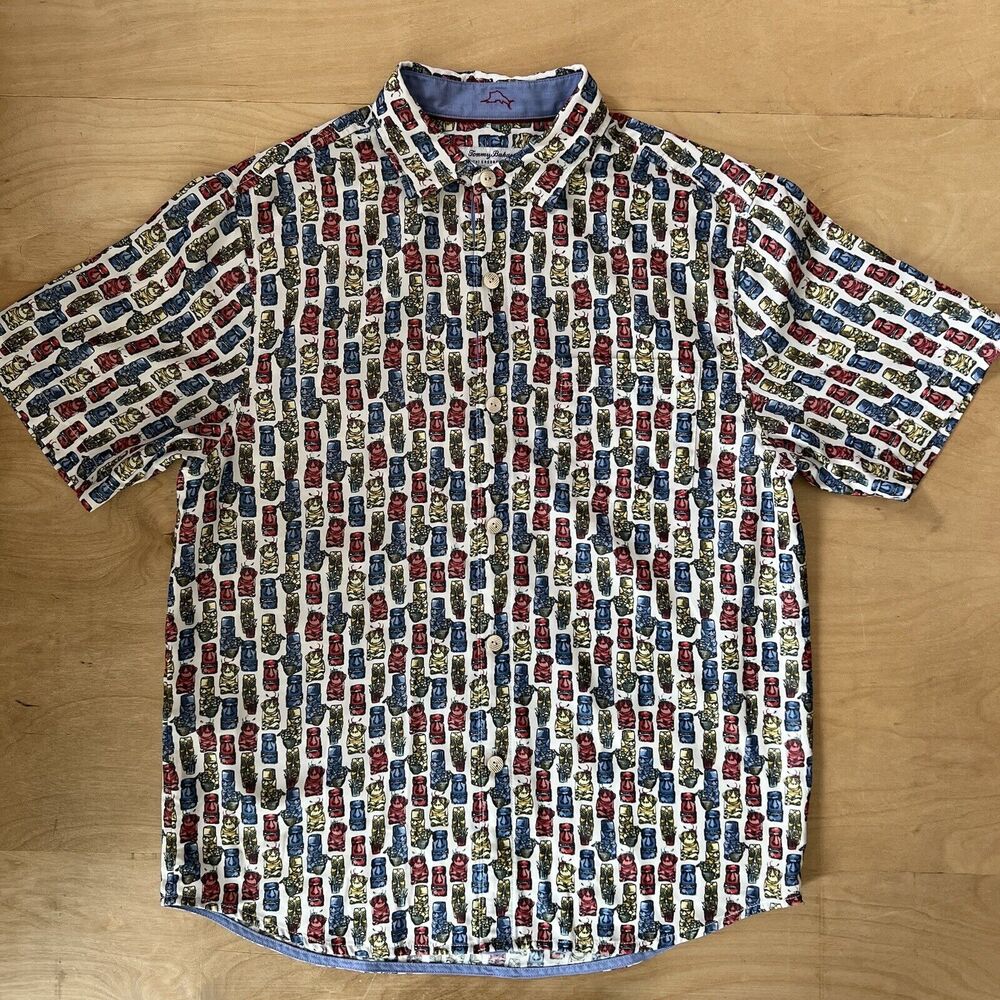 Tommy Bahama Coconut Point Shirt M Multicolor Tiki Art AOP Hawaiian Art Summer